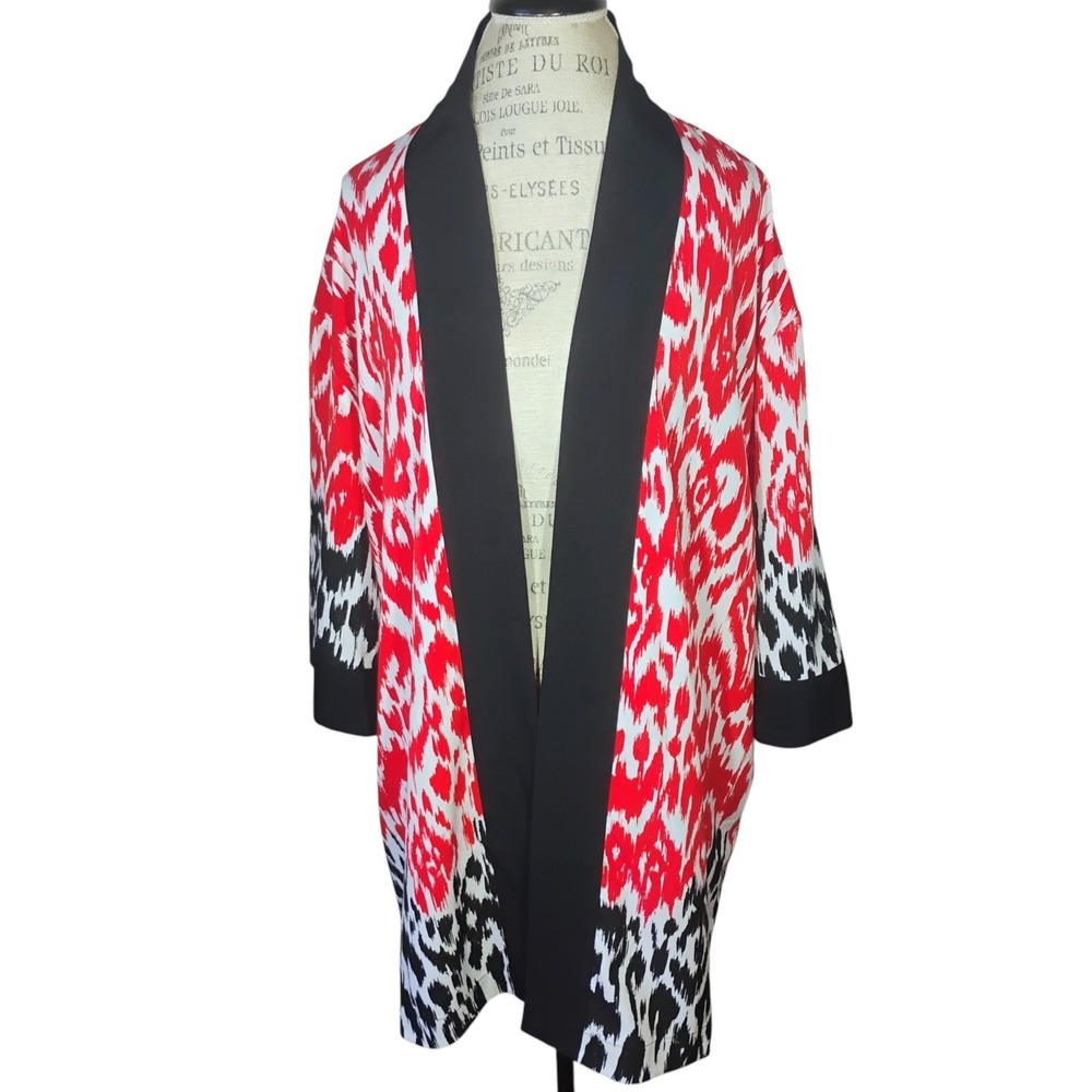 Chicos Travelers Kimono Wrap Ikat Black Red White L/XL Cardigan Boho Relaxed